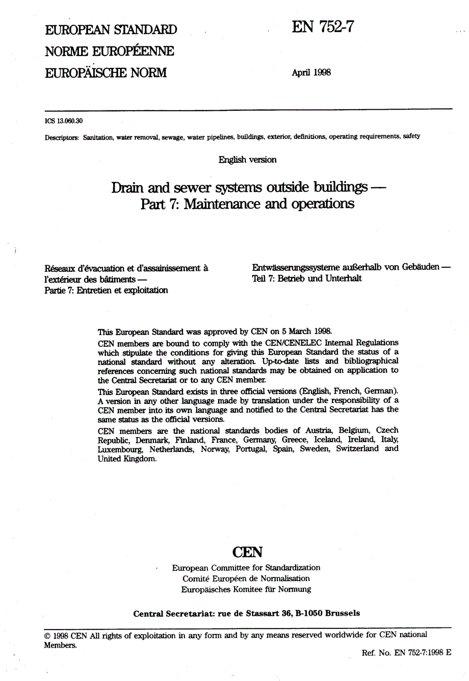 【BS英国标准】BS EN 75271998 Drain and sewer systems outside buildings. Maintenance and operations.doc_第3页