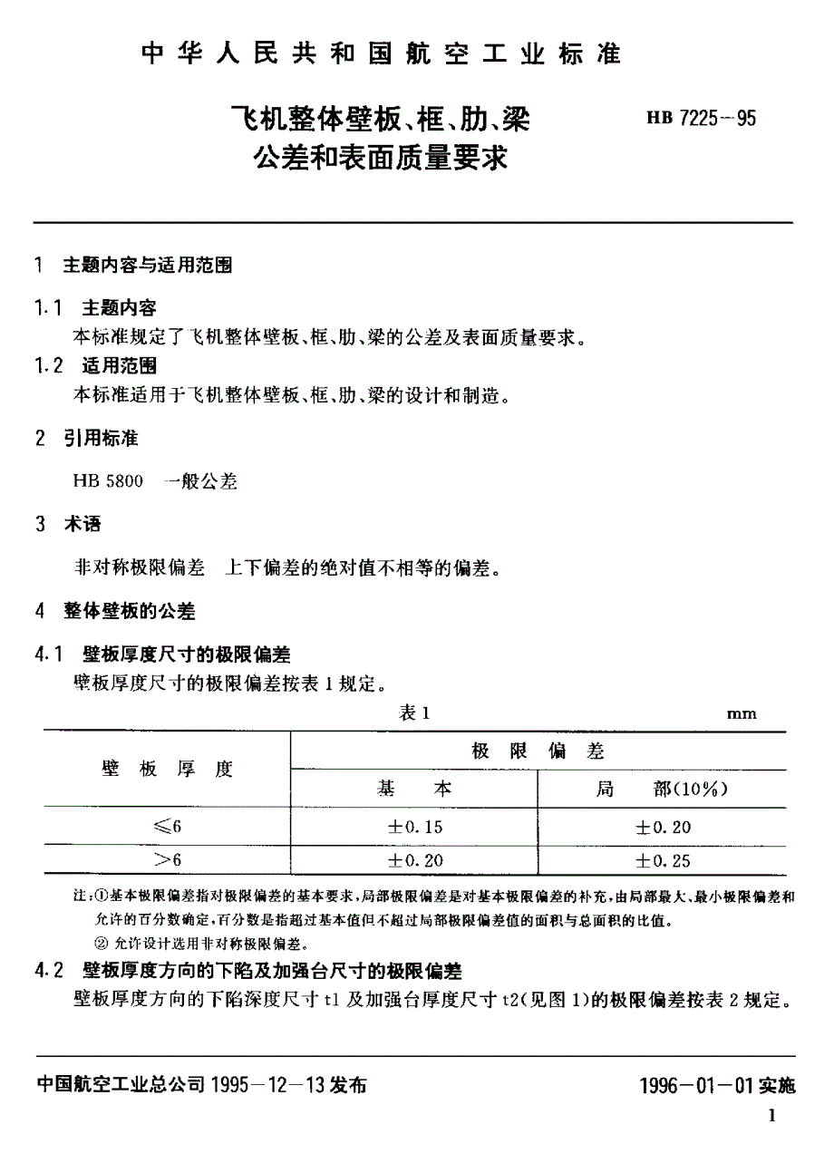 【HB航空标准】HB 72251995 飞机整体壁板、框、肋、梁、公差和表面质量要求.doc_第2页