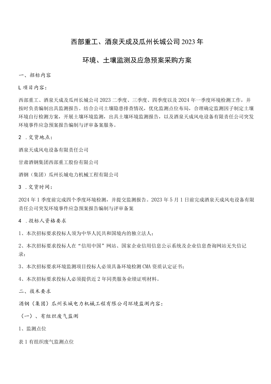 西部重工、酒泉天成及瓜州长城公司2023年环境、土壤监测及应急预案采购方案.docx_第1页