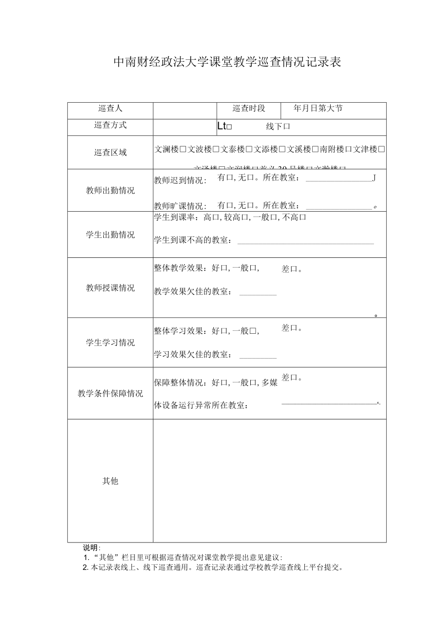 中南财经政法大学课堂教学巡查情况记录表.docx_第1页