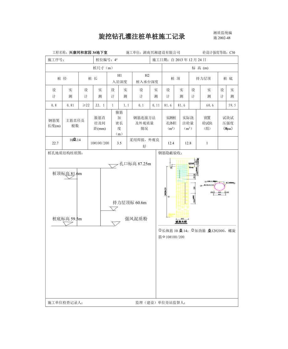 [精品文档]旋挖钻孔灌注桩单桩施工记录.doc_第1页