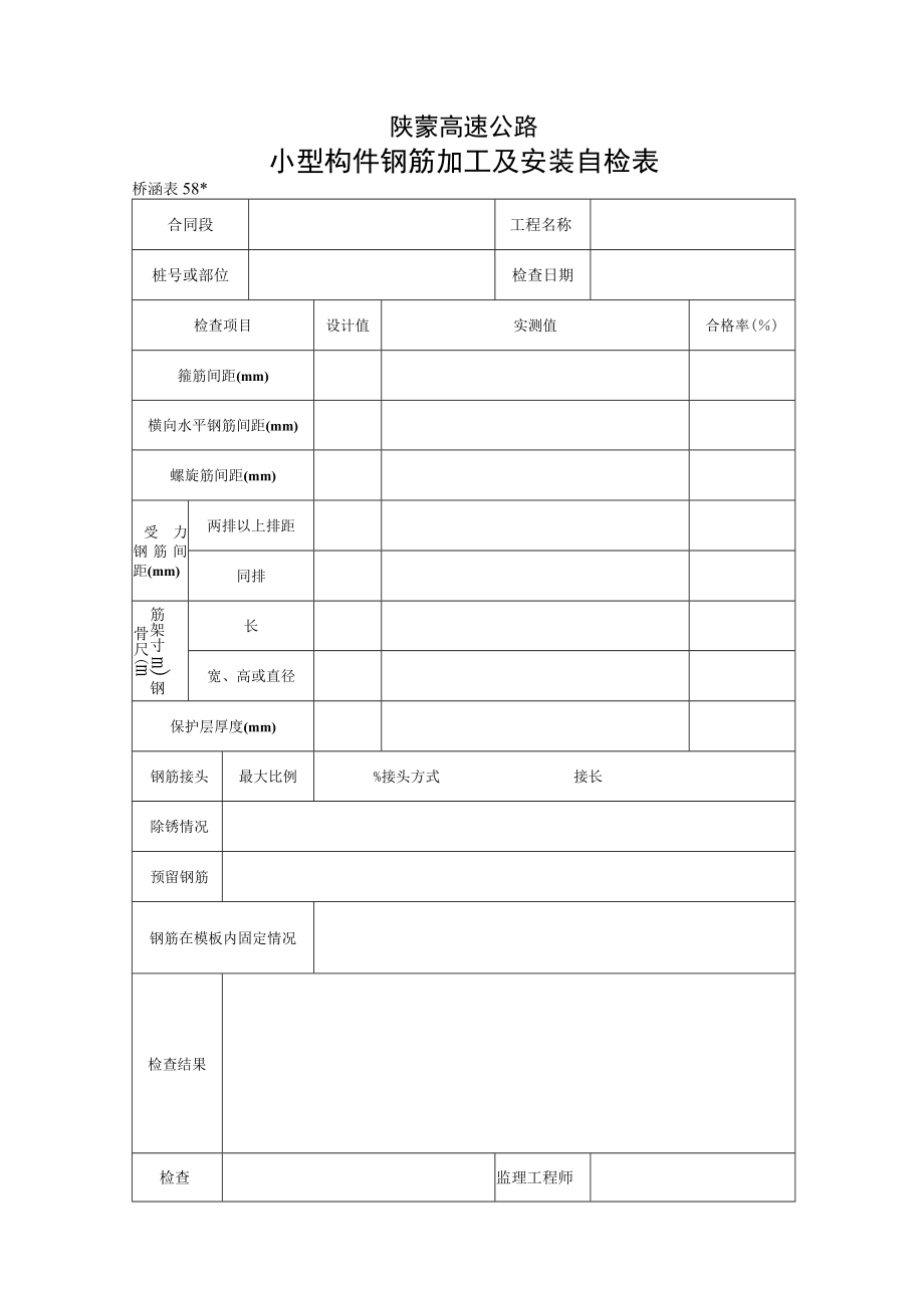 桥涵表58 小型构件钢筋加工及安装自检表工程文档范本.docx_第1页