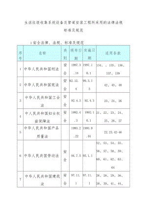 生活垃圾收集系统设备及管道安装工程所采用的法律法规标准及规范.docx