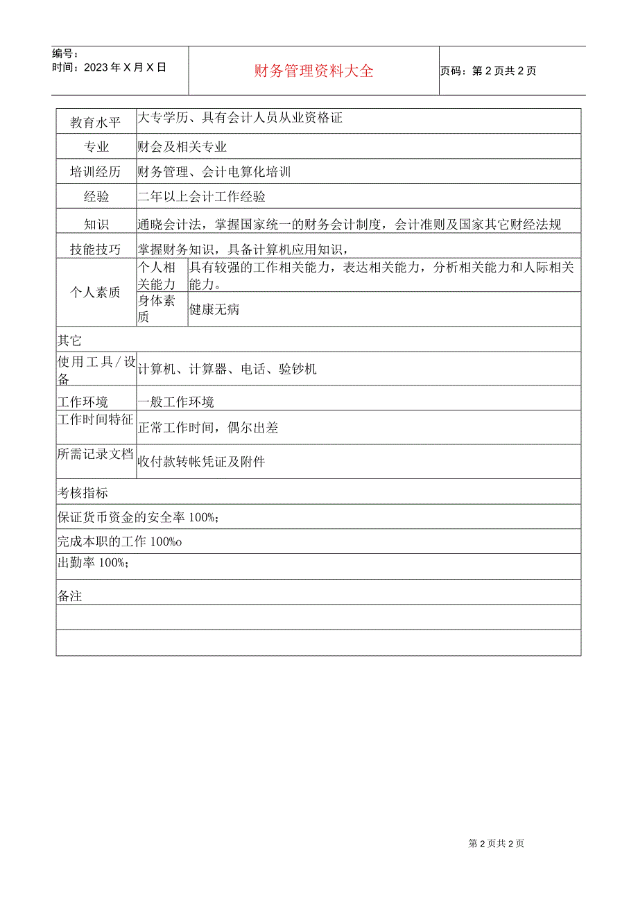 财务管理资料2023年整理-多经出纳员岗位说明书.docx_第2页