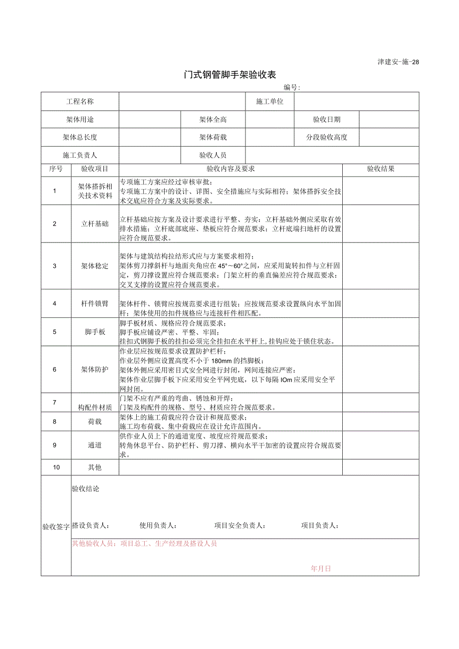 门式钢管脚手架验收表.docx_第1页