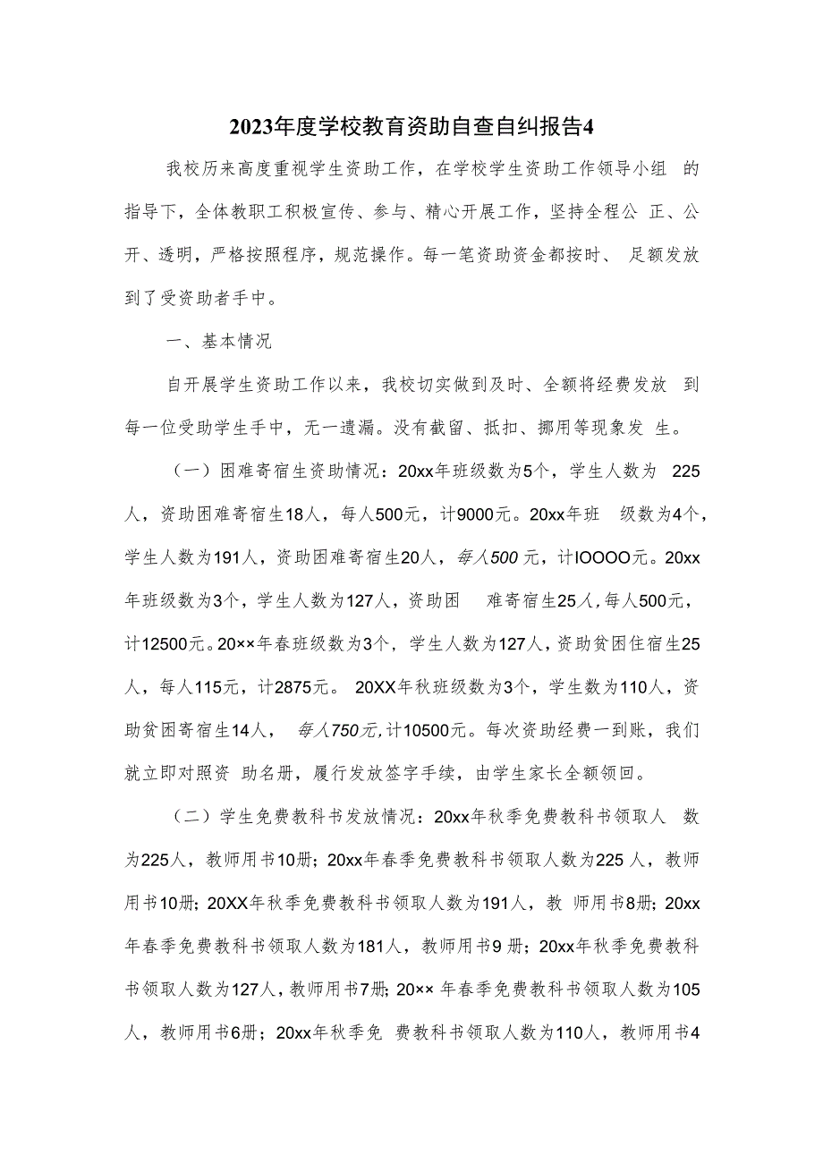 2023年度学校教育资助自查自纠报告2篇.docx_第1页