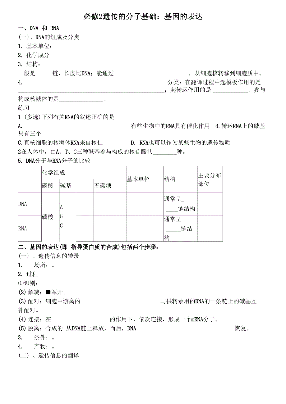 必修2 遗传的分子基础：基因的表达.docx_第1页