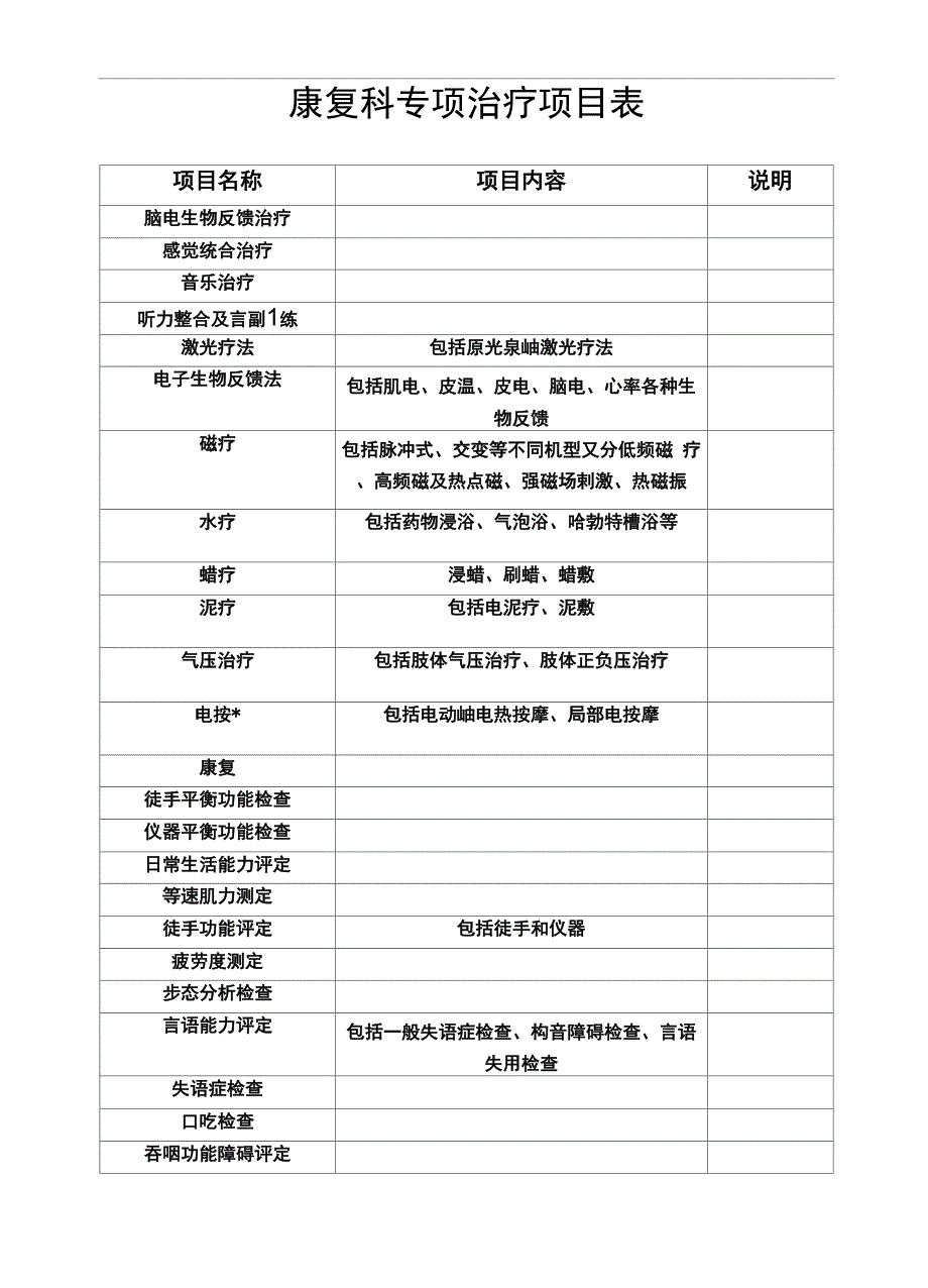 康复科专项治疗项目表.docx_第2页