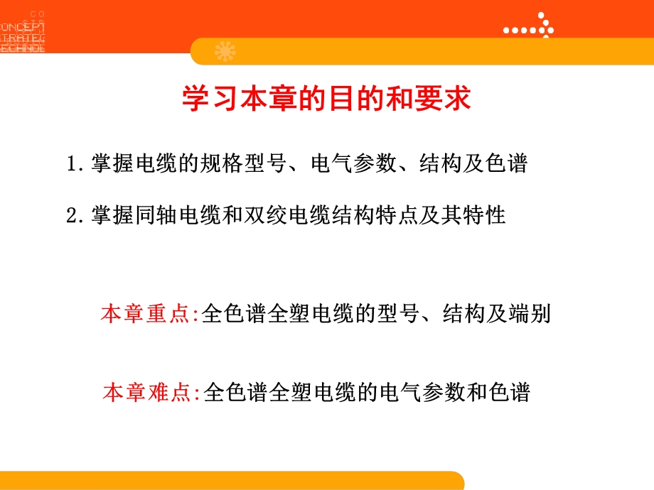 本章重点：全色谱全塑电缆的型号、结构及端别本章难点.ppt_第1页