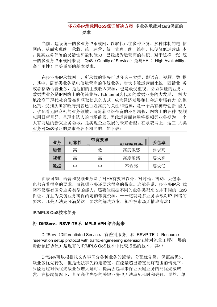 多业务IP承载网QoS保证解决方案.docx_第1页