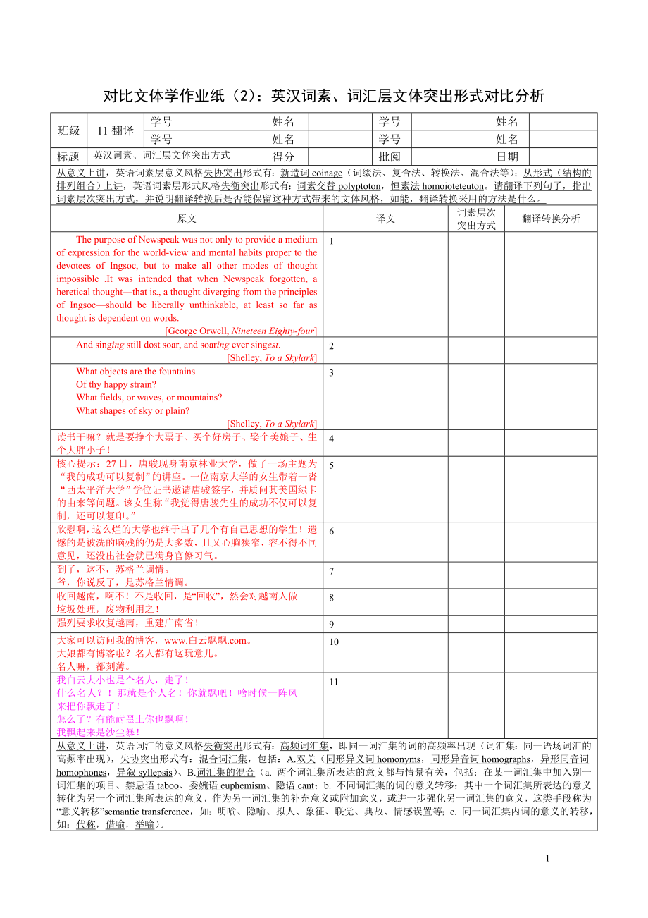 对比文体学作业纸2英汉词素词汇层文体突出形式异同研究11翻译W学号姓名 2.doc_第1页