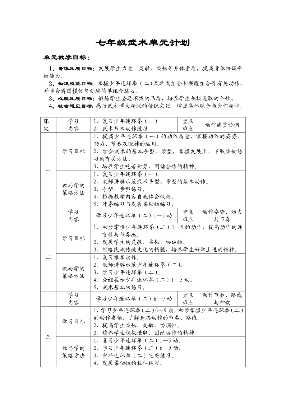 七年级武术单元计划.doc_第1页