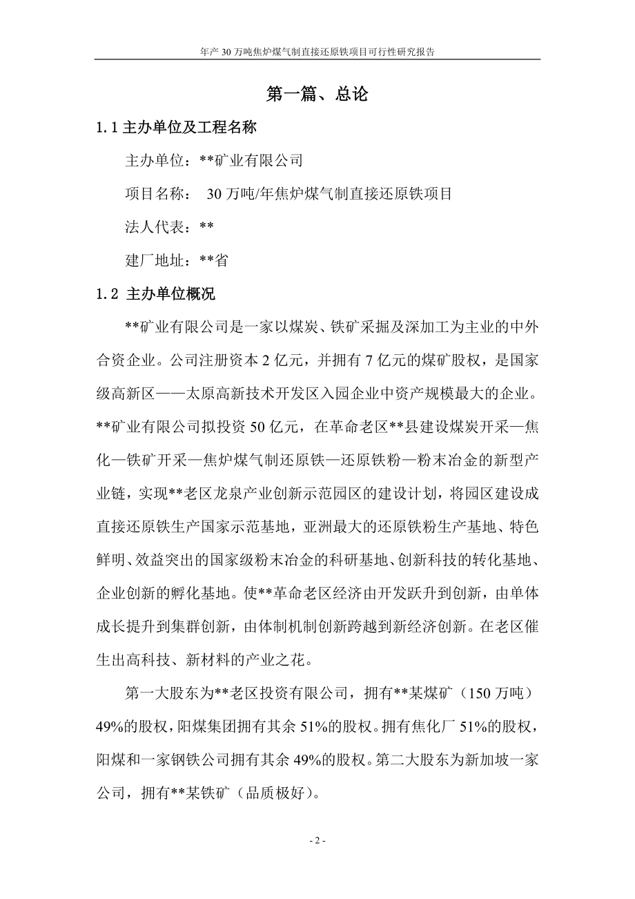 年产30万吨焦炉煤气制直接还原铁项目可行性研究报告.doc_第2页