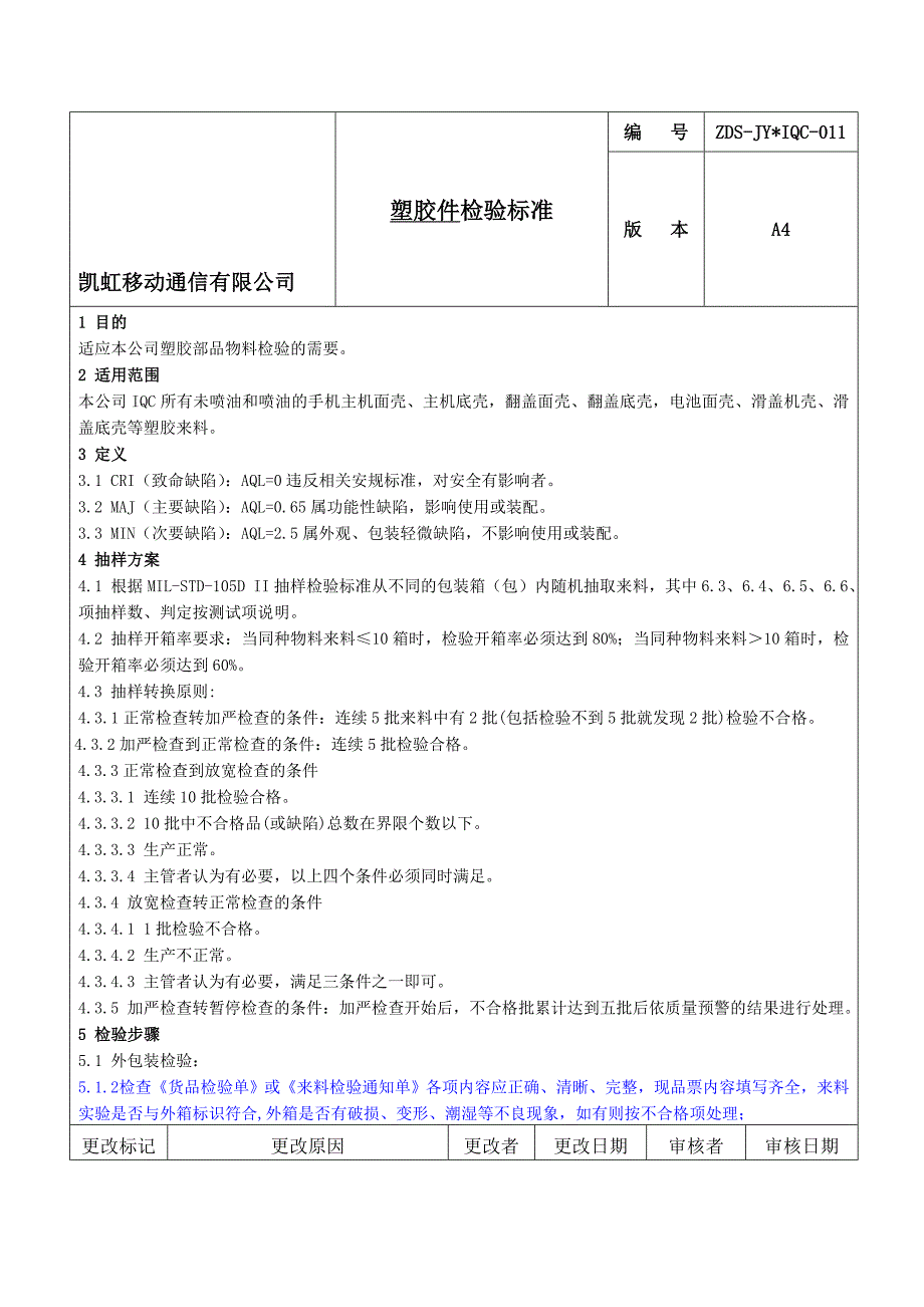 行业资料电子电信→XX移动通信有限公司塑胶件检验标准.doc_第1页