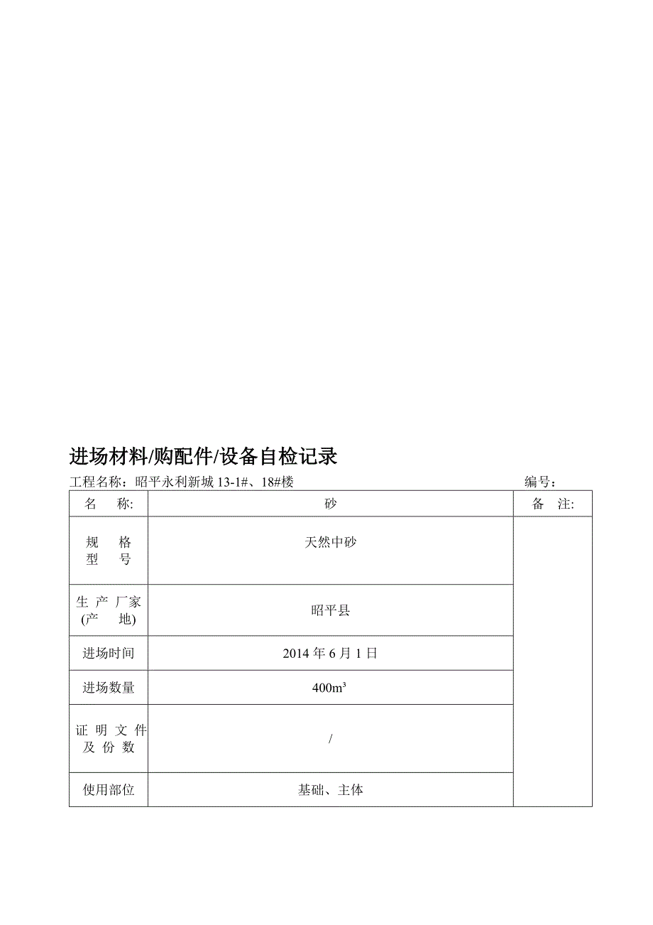 进场材料购配件设备自检记录.doc_第1页