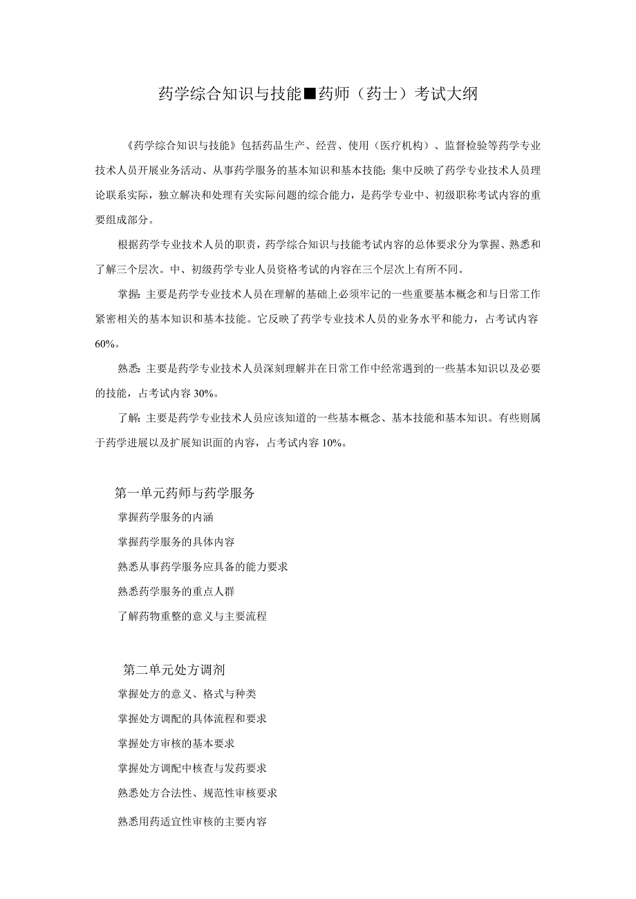 2022版安徽省药学专业中初级资格考试大纲 -药学部分 药学综合知识与技能大纲 - 药师（药士）.docx_第1页