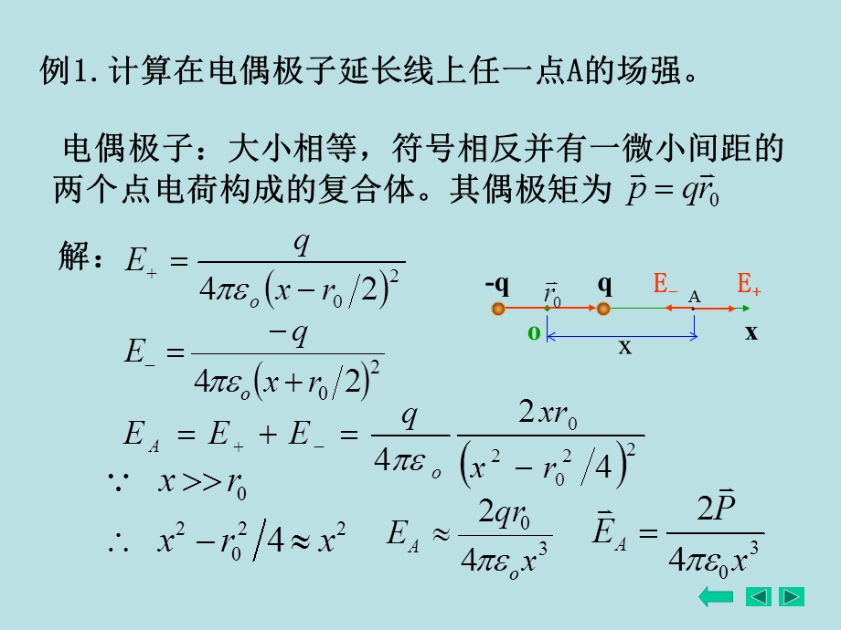 例1计算在电偶极子延长线上任一点A的场强.ppt_第1页