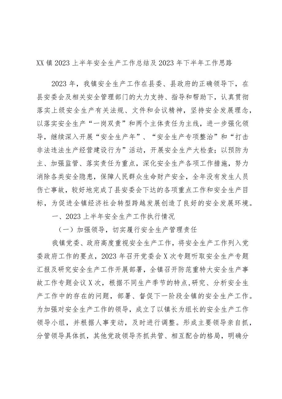 XX镇2023上半年安全生产工作总结及2023年下半年工作思路.docx_第1页