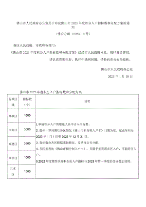 佛山市人民政府办公室关于印发佛山市2023年度积分入户指标数和分配方案的通知.docx