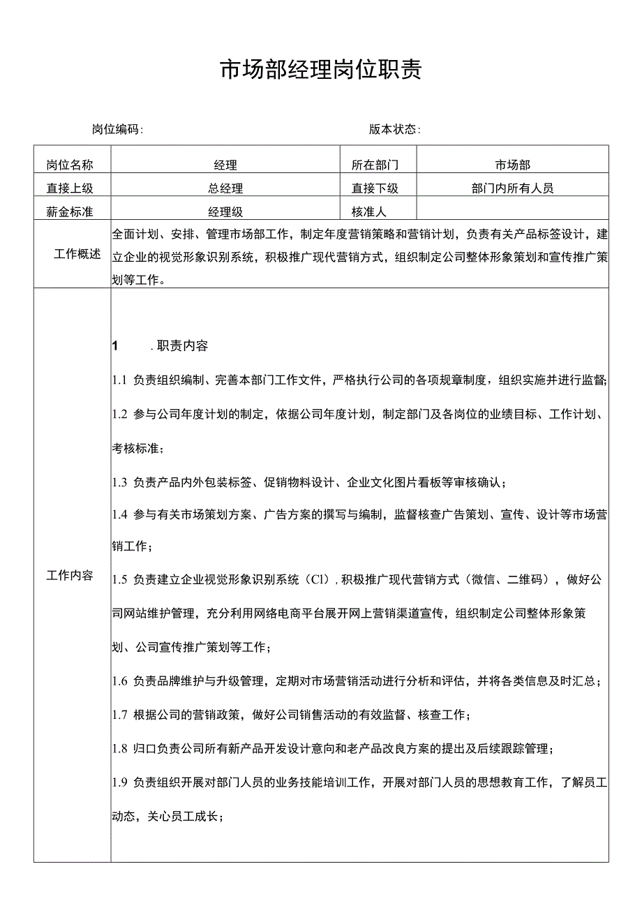 市场部经理岗位职责说明书.docx_第1页