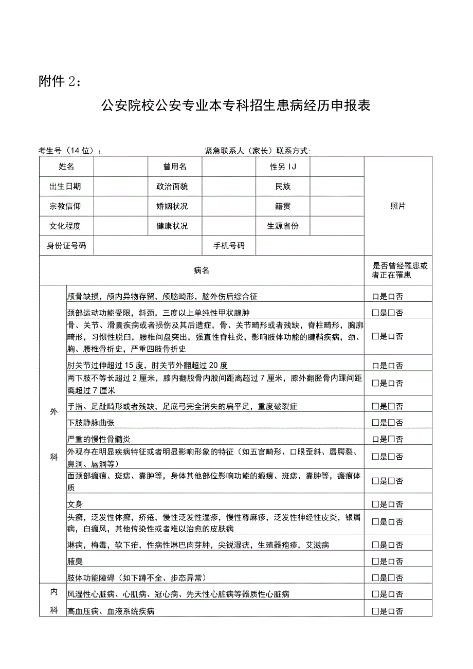 公安院校公安专业本专科招生患病经历申报表.docx_第1页