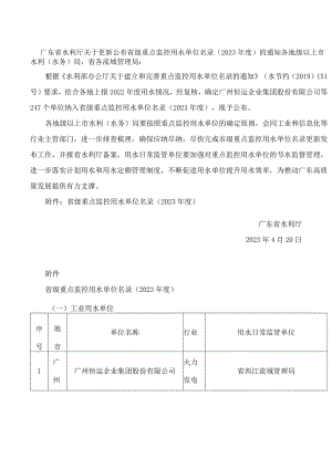 广东省水利厅关于更新公布省级重点监控用水单位名录(2023年度)的通知.docx