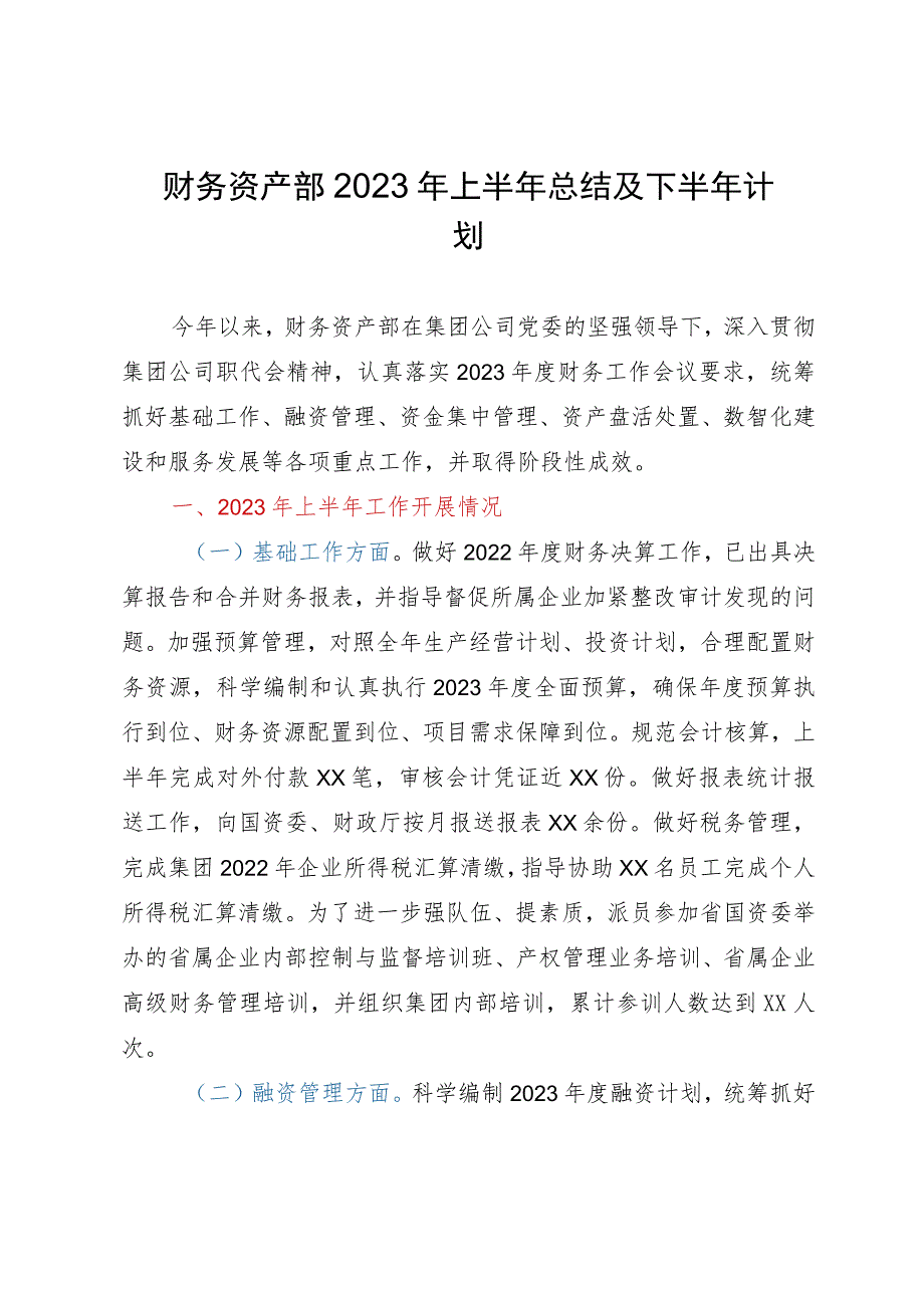 财务资产部2023年上半年总结及下半年计划.docx_第1页