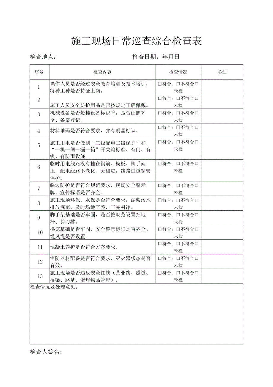 施工现场日常巡查检查表.docx_第1页