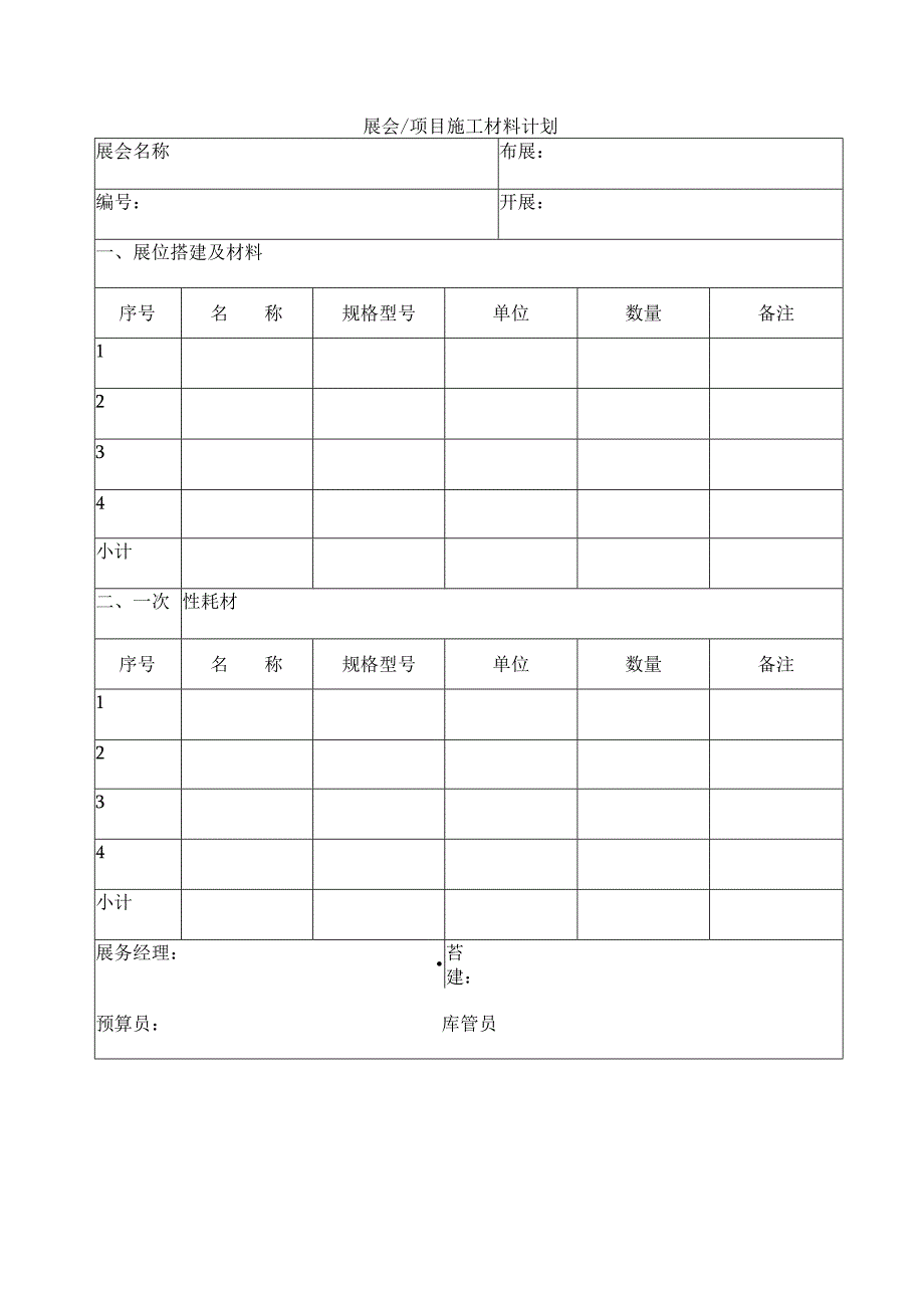 展会、项目施工材料计划.docx_第1页