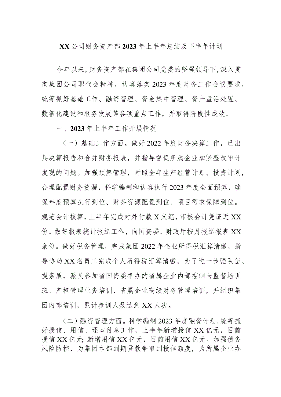 XX公司财务资产部2023年上半年总结及下半年计划.docx_第1页