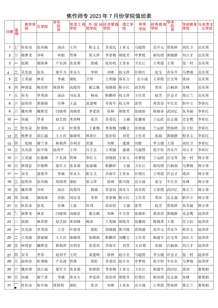 焦作师专2023年7月份行政值班表.docx_第2页