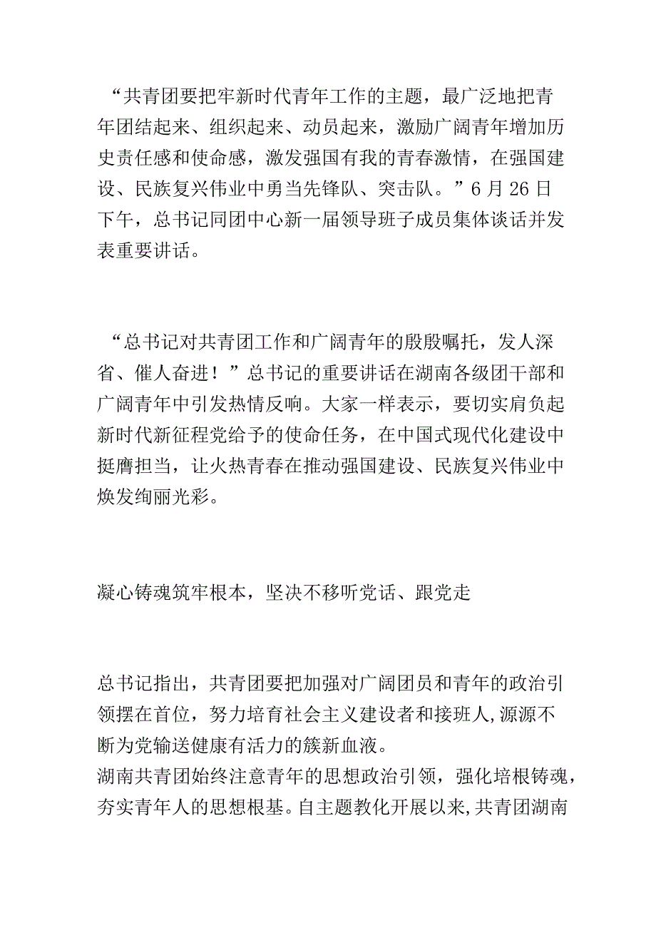 为中国式现代化建设注入蓬勃青春力量——总书记同团中央新一届领导班子成员的集体谈话在湖南团干部和广大青年中引发热烈反响.docx_第1页