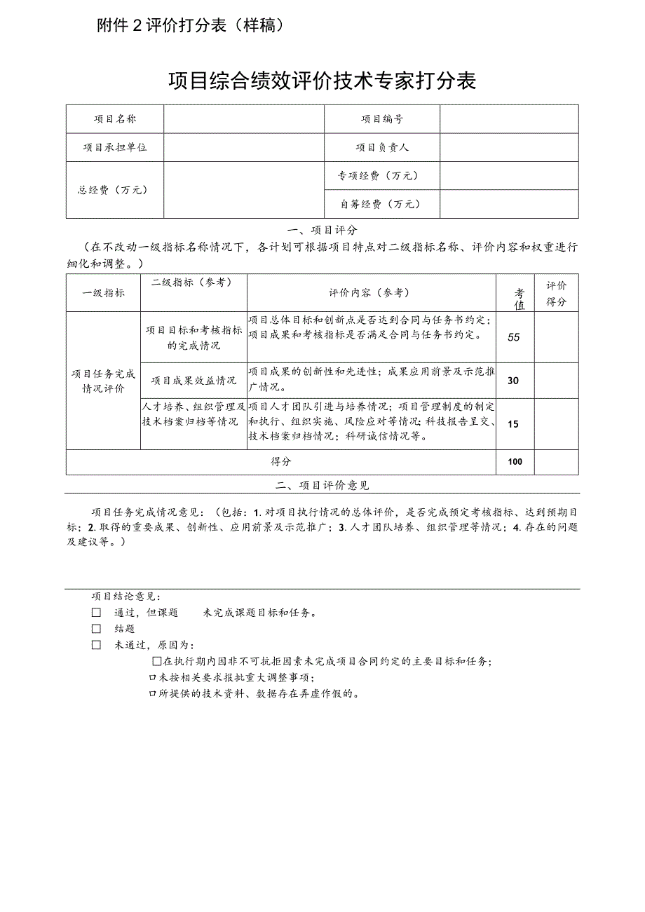 评价打分表样稿项目综合绩效评价技术专家打分表.docx_第1页