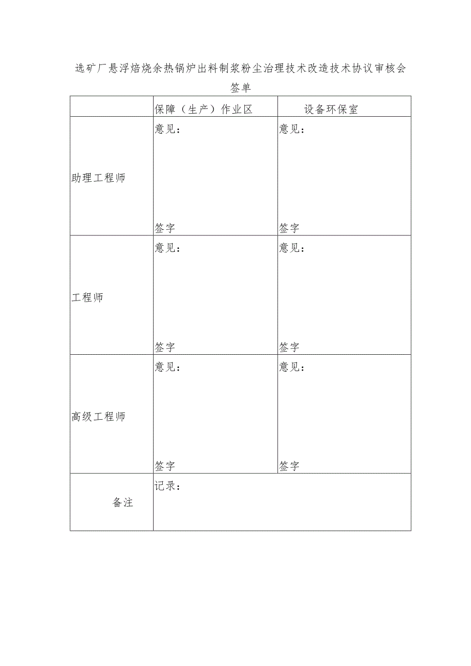 选矿厂悬浮焙烧余热锅炉出料制浆粉尘治理技术改造技术协议审核会签单.docx_第1页