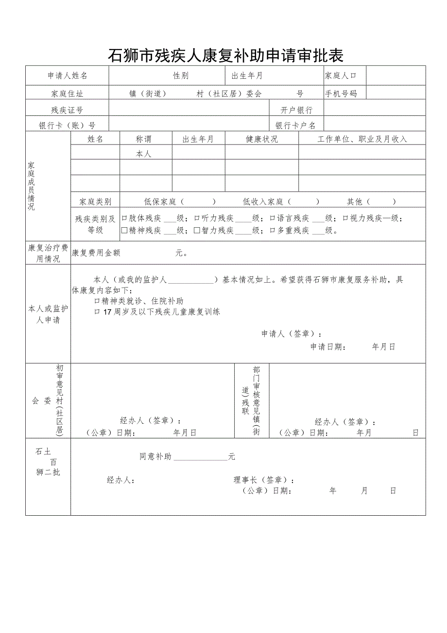 石狮市残疾人康复补助申请审批表.docx_第1页