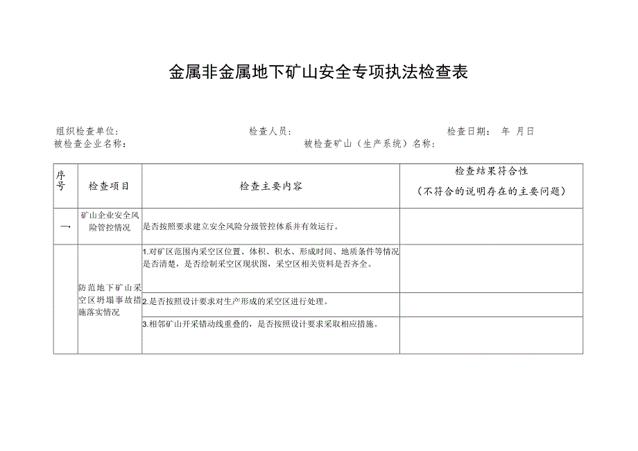 金属非金属地下矿山安全专项执法检查表.docx_第1页