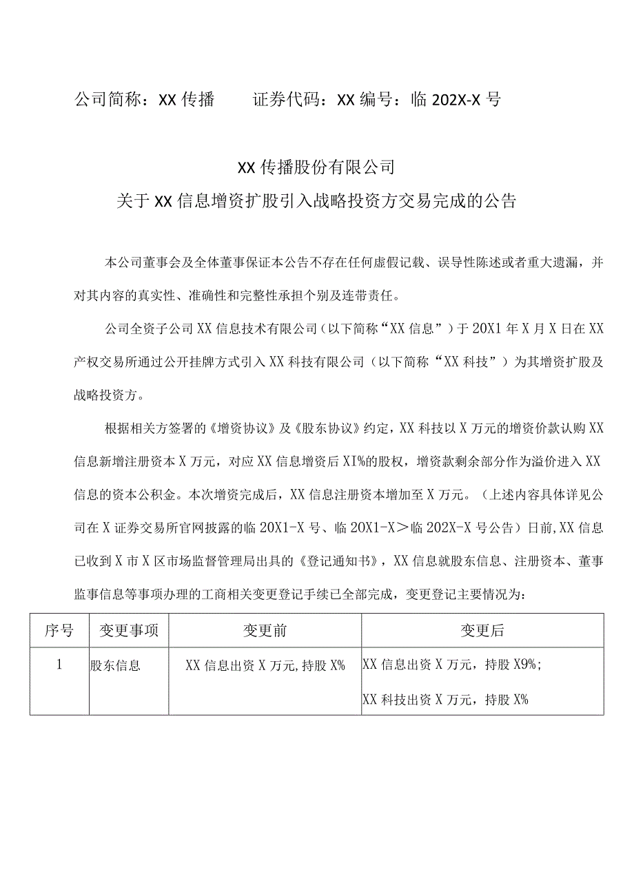 XX传播股份有限公司关于XX信息增资扩股引入战略投资方交易完成的公告.docx_第1页