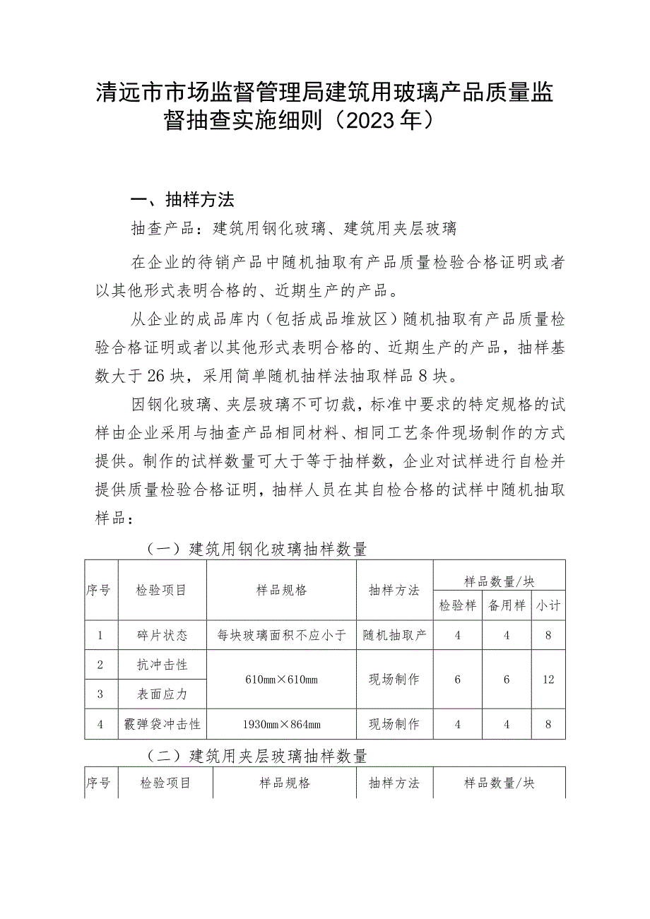 清远市市场监督管理局建筑用玻璃产品质量监督抽查实施细则2023年.docx_第1页