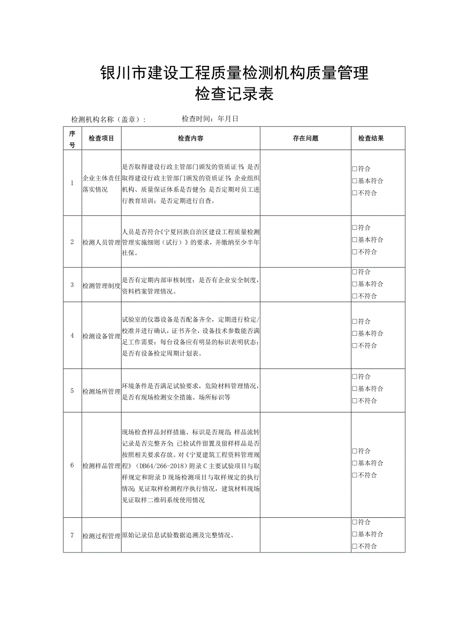 银川市建设工程质量检测机构质量管理检查记录表.docx_第1页