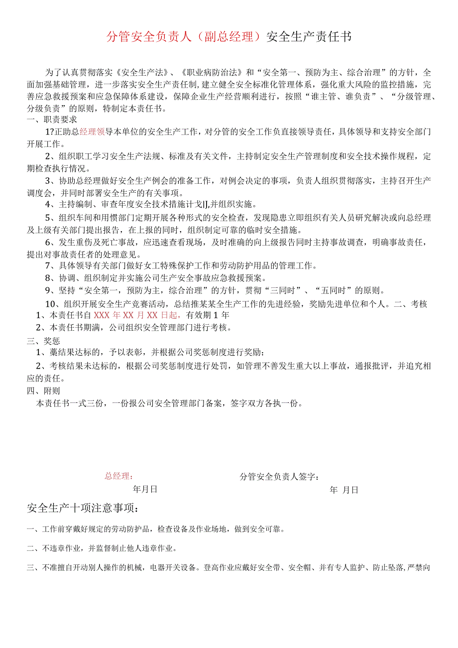 分管安全负责人（如副总生产副总等）安全生产责任书标准模板.docx_第1页