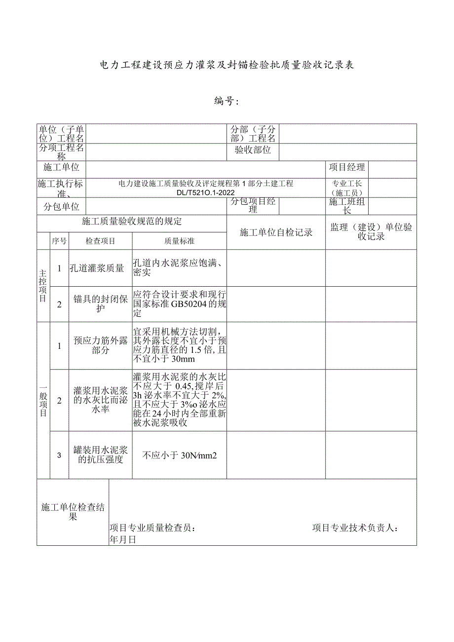 电力工程建设预应力灌浆及封锚检验批质量验收记录表.docx_第1页