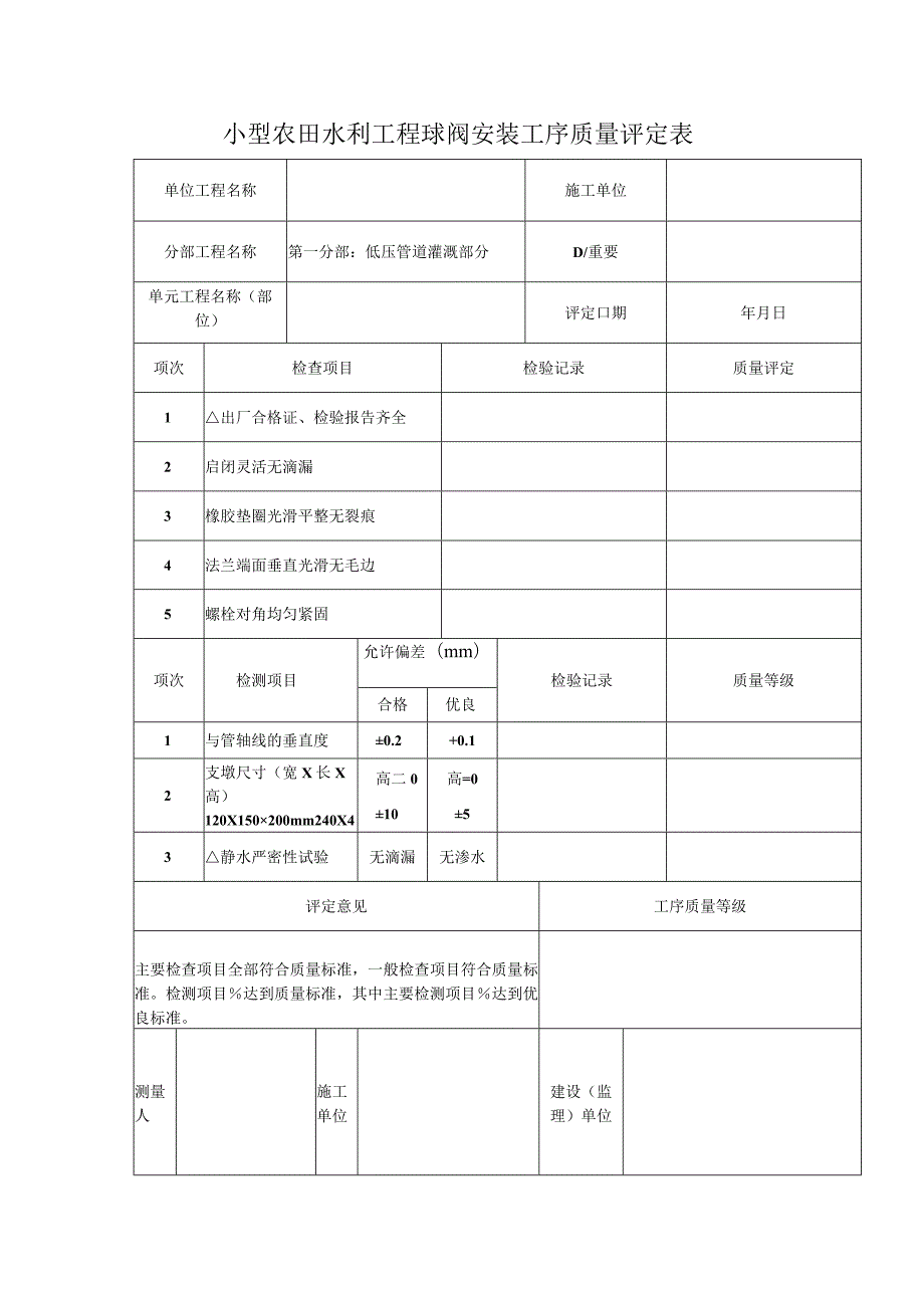 小型农田水利工程球阀安装工序质量评定表.docx_第1页