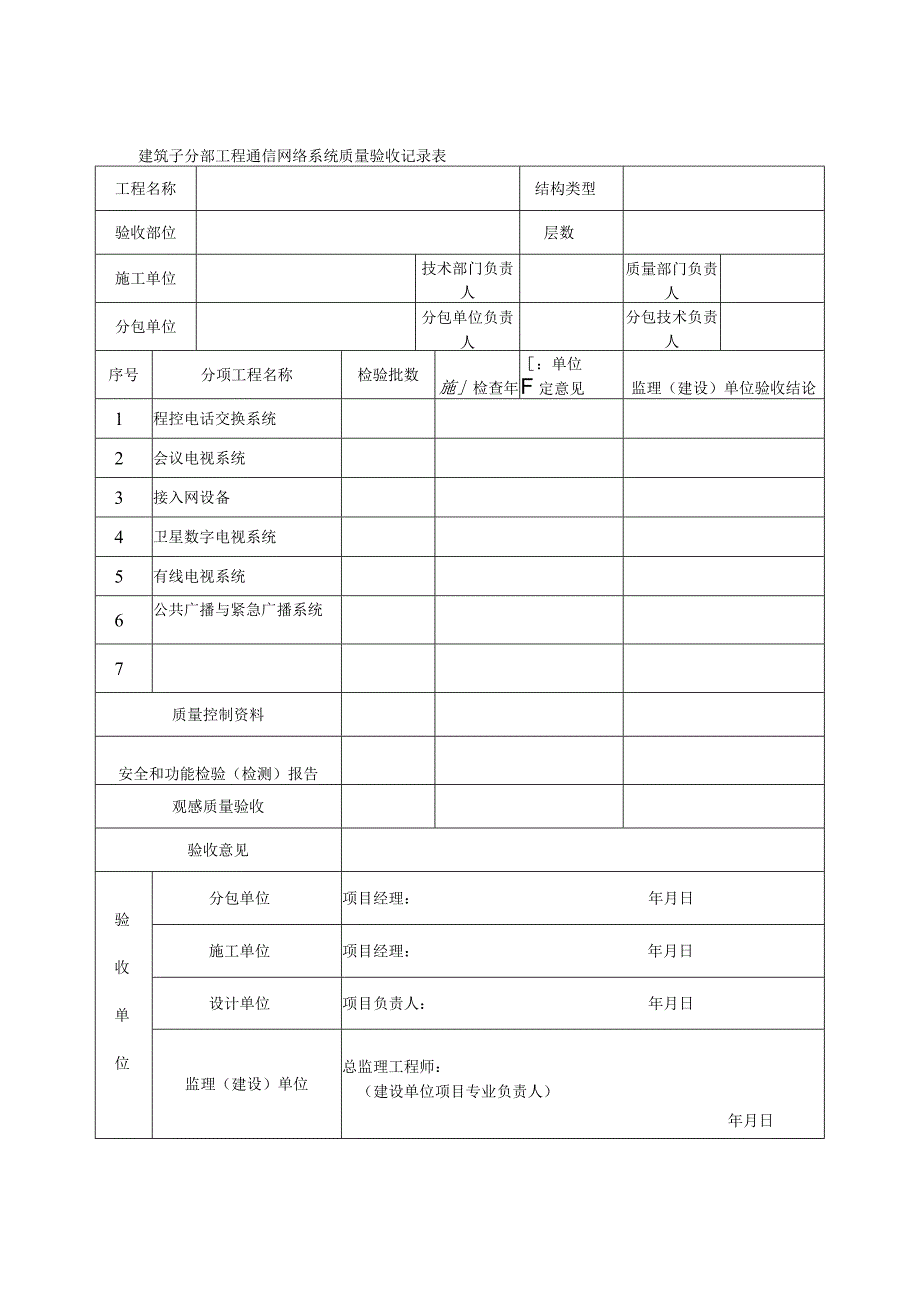 建筑子分部工程通信网络系统质量验收记录表.docx_第1页
