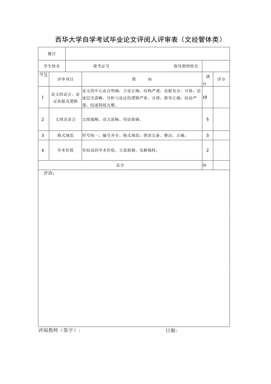 西华大学自学考试毕业论文评阅人评审表文经管体类.docx_第1页