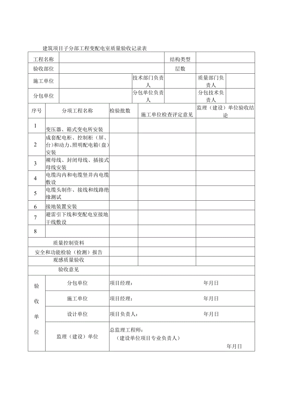 建筑项目子分部工程变配电室质量验收记录表.docx_第1页