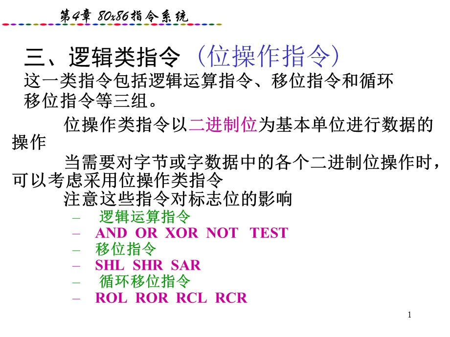 微机原理与接口第4章4逻辑运算及串操作指令.ppt_第1页