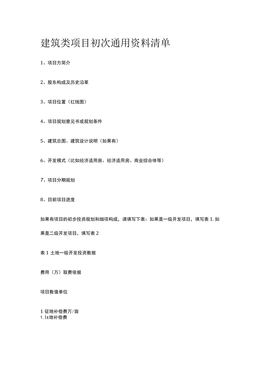 建筑类项目初次通用资料清单全.docx_第1页