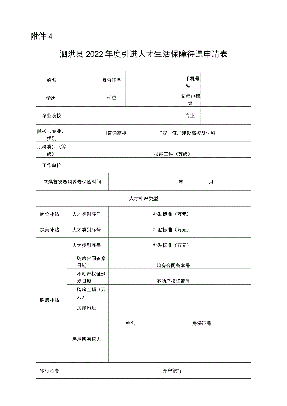 泗洪县2022年度引进人才生活保障待遇申请表.docx_第1页