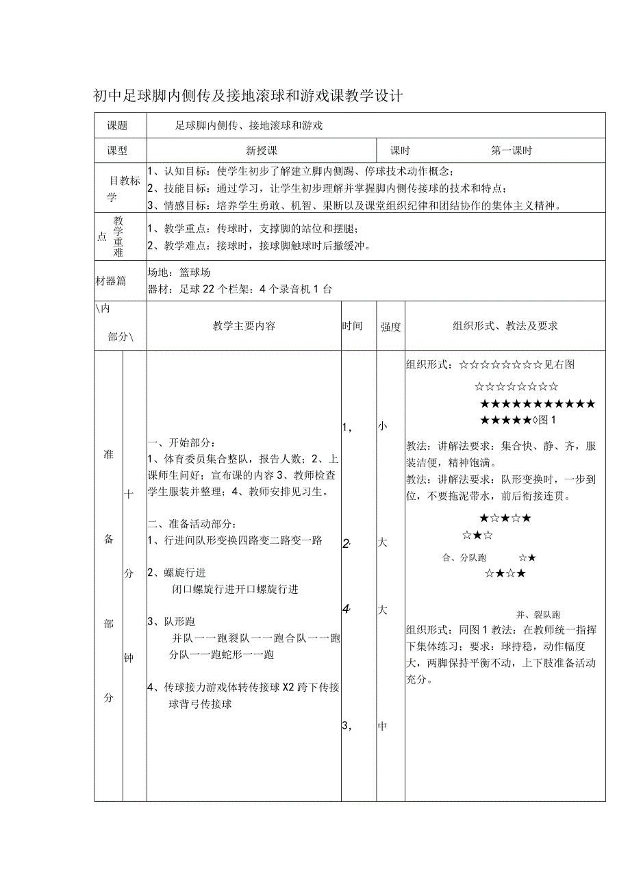 初中足球脚内侧传及接地滚球和游戏课教学设计.docx_第1页