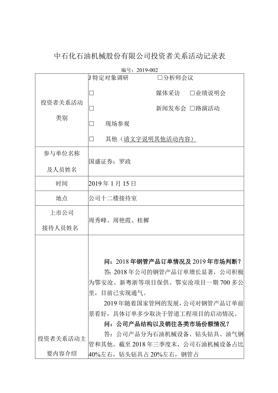 证券代码000852证券简称石化机械中石化石油机械股份有限公司投资者关系活动记录表.docx_第1页